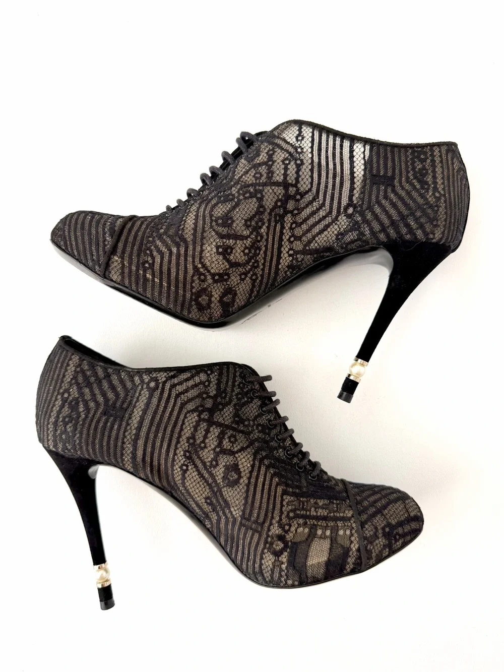 CHANEL | CC Logo Black Lace Up Booties Pearl Stiletto EU 39
